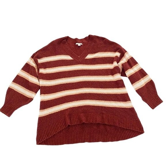 American Eagle Outfitters Knit Stripe Burgundy and Pink Hi Lo V Neck Sweater XL - Picture 1 of 12
